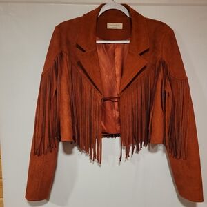Stylish RustFaux Leather Jacket with Fringe